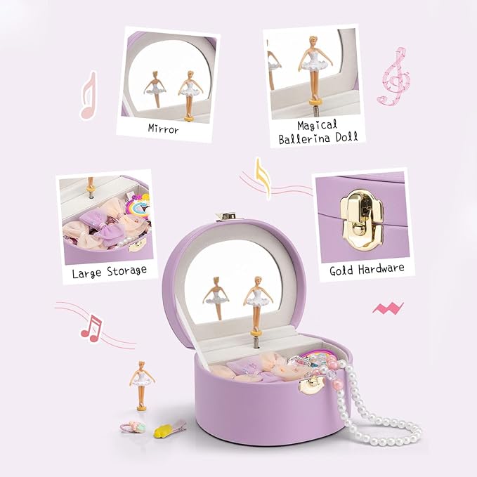 VLANDO Musical Jewelry Box for Girls, Small Kid Music Box with Ballerina for Party Bedroom Decor, Bithday Gift for Girl - Purple - Image 4