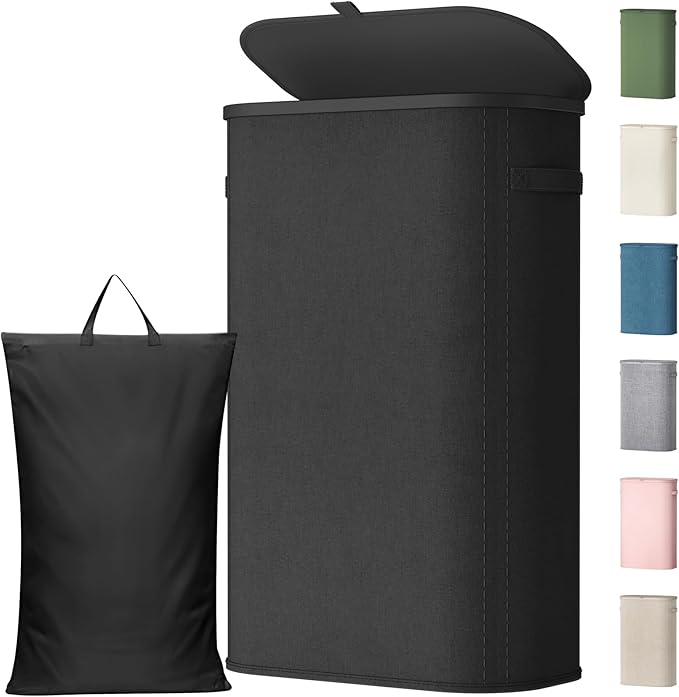 Lifewit Slim Laundry Basket with Lid, Narrow Large Laundry Hamper with Plastic Handles and Removable Bag, Tall Foldable Dirty Clothes Hampers for Laundry Room, Bedroom, Bathroom, Dorm, 65L Black by Lifewit