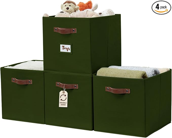 DECOMOMO Storage Baskets, 13x15x13 Storage Cube Bins with Labels for Organizing Shelves Kallax (Kallax / 4pcs, Olive Green) by DECOMOMO