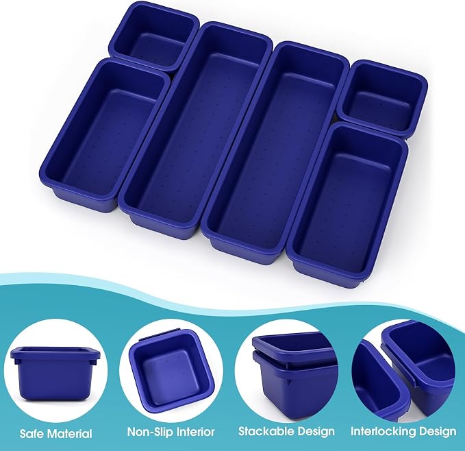 6 PCS Drawer Organizer Set, 3 Size Makeup Drawer Divider Organizer With Non-Slip Pads, Interlocking Plastic Storage Bins for Office,Jewelry Vanity,Gadgets, Bathroom,Kitchen, Navy - Image 3