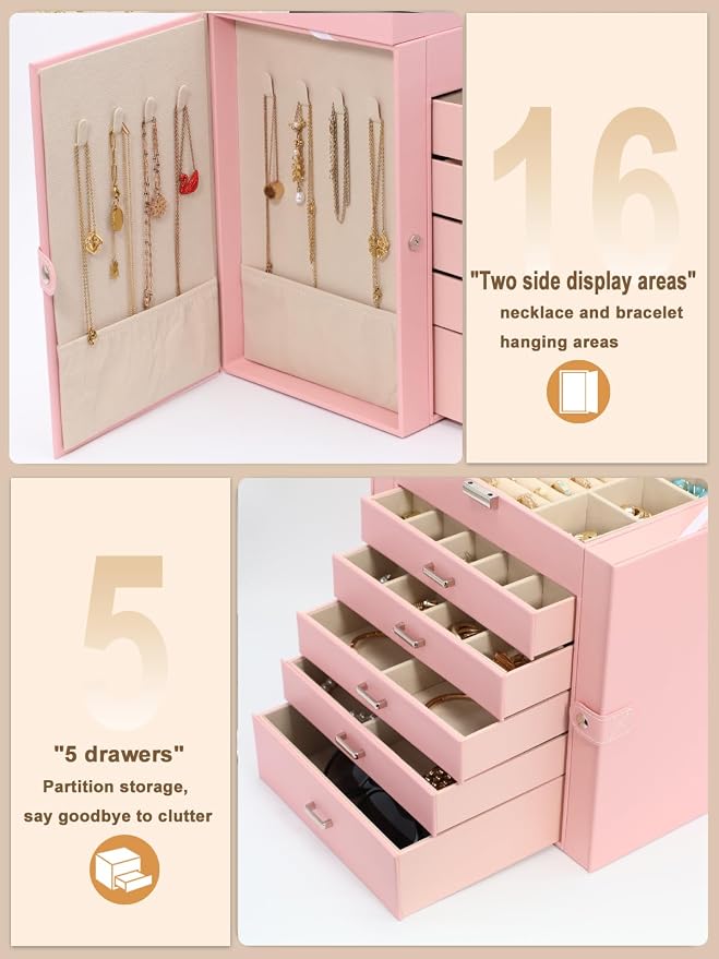 BOOVO Jewelry Box For women, 6 Layer Large Jewelry Organizer With Mirror, Multi-Function Storage Box With Lock, Necklace Holder With 5 Drawers, For Earrings Necklace Bracelet (Silver and Pink) - Image 3