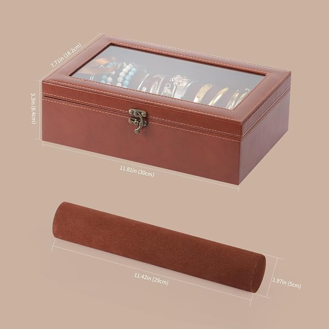AUTOARK Bracelet & Watch Storage Box with Glass Lid & 2 Anti-Roll Rods,PU Leather Jewelry Case,Soft Lined Locking Organizer for Women,Gift for Dresser & Cabinet Display,Coffee,MKAW143 - Image 2