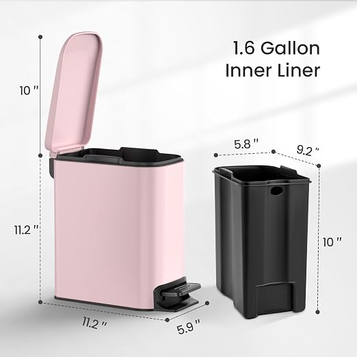 Cesun Small Bathroom Trash Can with Lid Soft Close, Step Pedal, 6 Liter / 1.6 Gallon Stainless Steel Garbage Can with Removable Inner Bucket, Anti-Fingerprint Finish (Pink) - Image 6