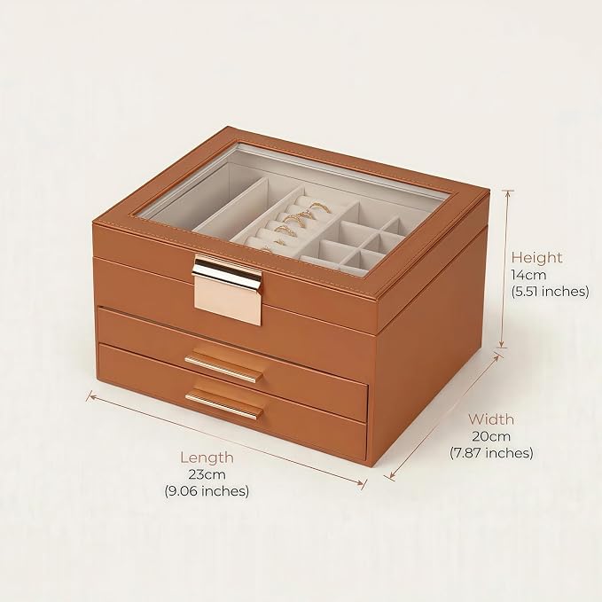 Jewelry Box Organizer with Glass Lid, 3-Layer with Double Drawers, Luxury Velvet Lined Desktop Display Case for Earrings Rings Necklaces, Gift for Women Girls (Brown) - Image 5
