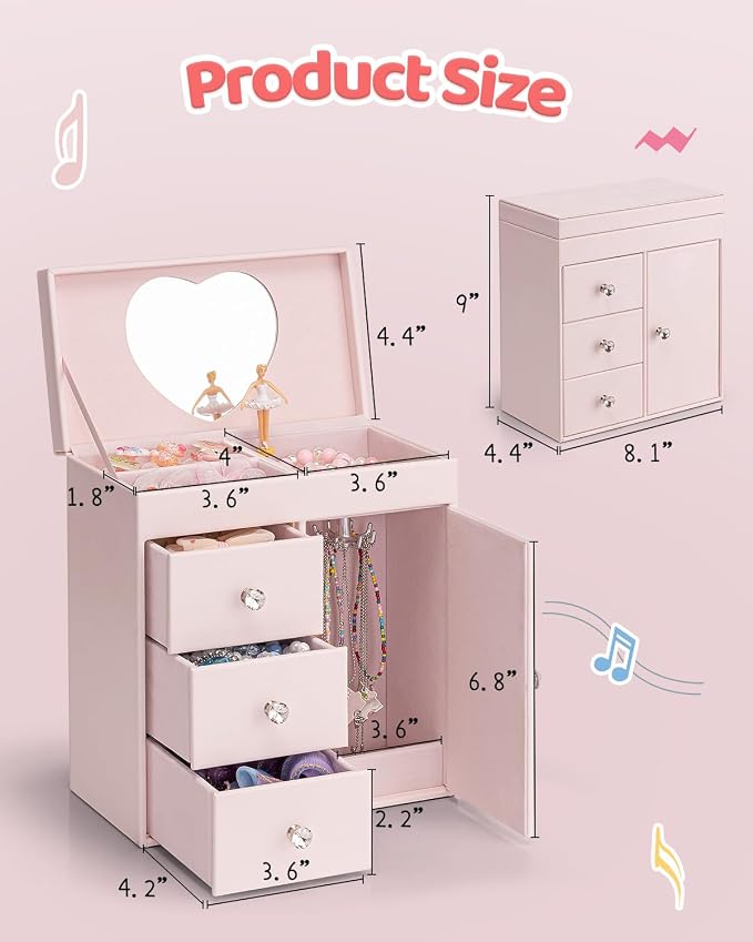 Vlando Musical Jewelry Box for Girls - Valentines Day Gift for Kid - Large Kid Music Box with Ballerina for Birthday Bedroom Decor, 4 Layer Girl Jewelry Gifts for Girls Kids - Light Pink - Image 4