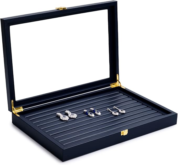 Oirlv Premium Blue Leather Rings Earrings Organizer Tray with Clear Lid Jewelry Display Box with Acrylic Lid Stackable Jewelry Box Drawer Inserts - Image 2