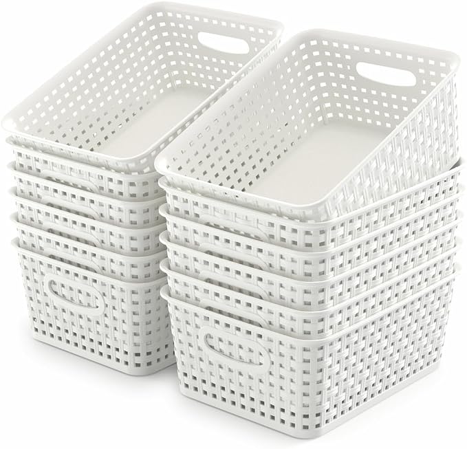 WYT 12-Pack Plastic Small Shelf Storage Weave Baskets for Organizing, White by WYT