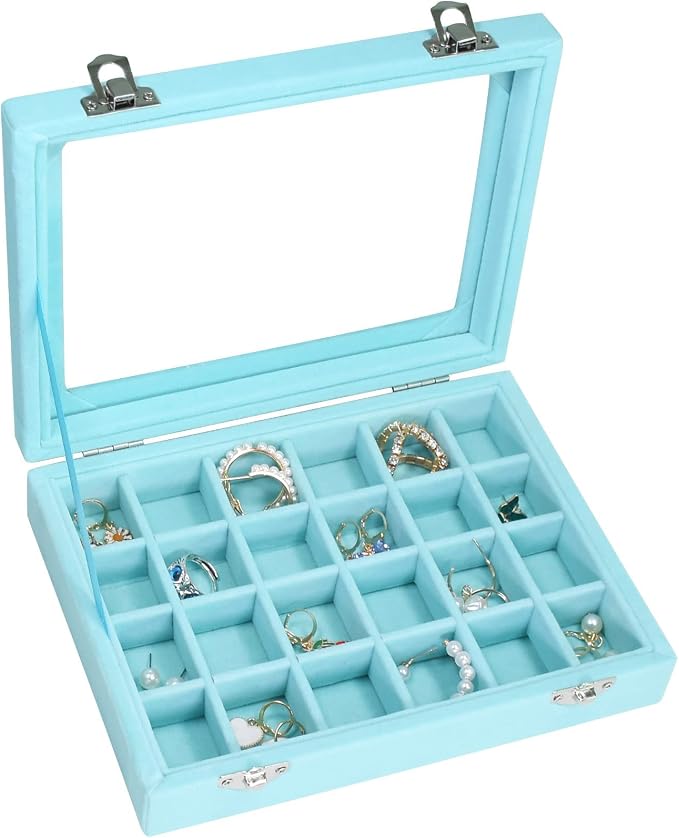 Vicoter Velvet Jewelry Box 24 Grid Jewelry Ring Display Organiser Box Tray Holder Earrings Storage Case for Girls Wife Mom Women (Light Blue) by Vicoter