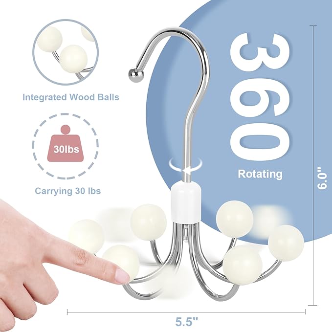 TOPIA HANGER Hoodie Hangers 4-Pack with 6 Wood Balls, 360°Swivel Purse Hanger, Scarf Hanger, Closet Hooks, Handbag Organizer, Bra Hanger, Accessory Organizers for Scarf, Tanktop, Hat, Hoodie CT57W - Image 2