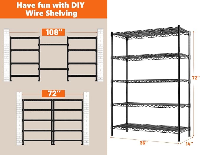 REIBII 72''H Metal shelving 5 Tire Storage Shelves for Garage Shelving Adjustable Wire Shelving Rack Heavy Duty Shelving Unit for Kitchen, Pantry, Laundry Room, Garage, Commercial, 72''H X36''W X14''D - Image 2