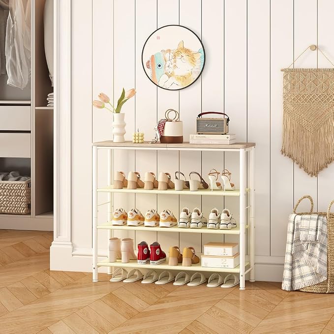 INGIORDAR Shoe Rack Organizer 5 Tier Metal Organizer Shelf with Industrial MDF Board and Layer Fabric for Entryway Closet Bedroom Living Room Garage (White, 4 Tier) - Image 7