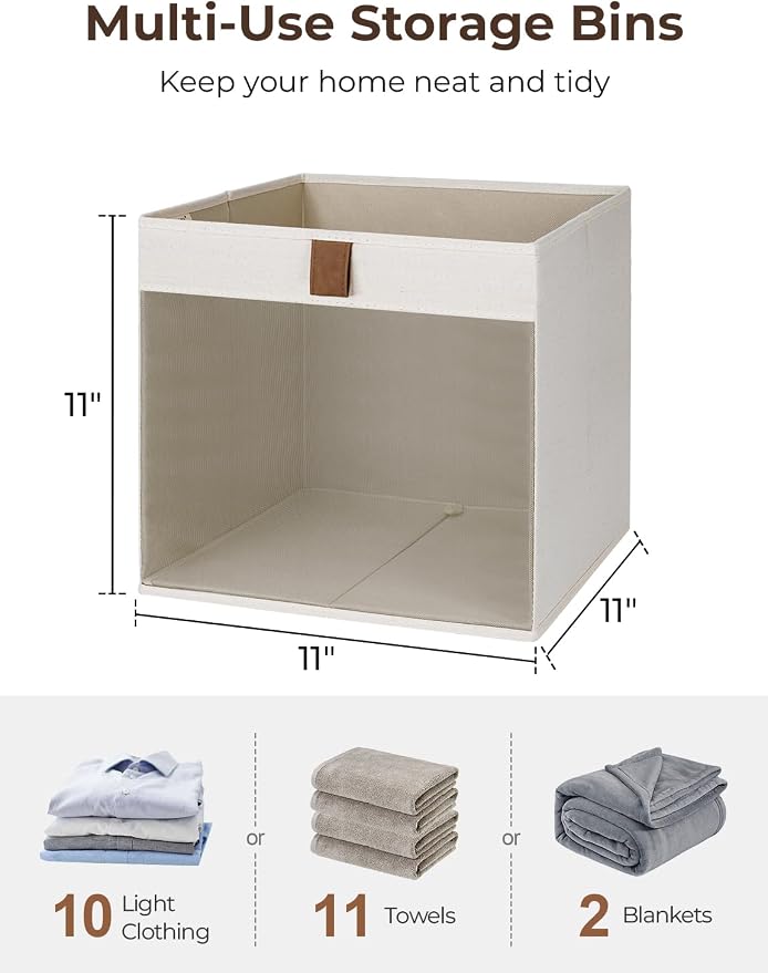 StorageWorks 11x11 Storage Cubes, Closet Storage Bins with Clear Window, Fabric Organizer for Clothes, Collapsible Storage Baskets with PU Handles, Beige, 3-Pack - Image 2