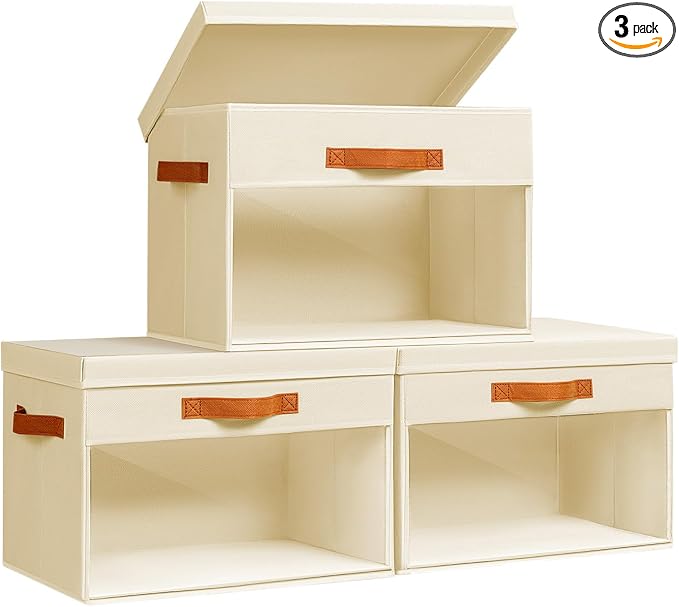Homsorout Large Storage Bins with Lids - 3 Pack Foldable Decorative Organizers with Clear Windows & Handles, Cube Storage Organizers for Clothes, Blankets, Sweaters, Sheets, Beige by Homsorout