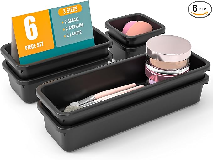 6 PCS Drawer Organizer Set, 3 Size Makeup Drawer Divider Organizer With Non-Slip Pads, Interlocking Plastic Storage Bins for Office,Jewelry Vanity,Gadgets, Bathroom,Kitchen, Black by StoreHappily