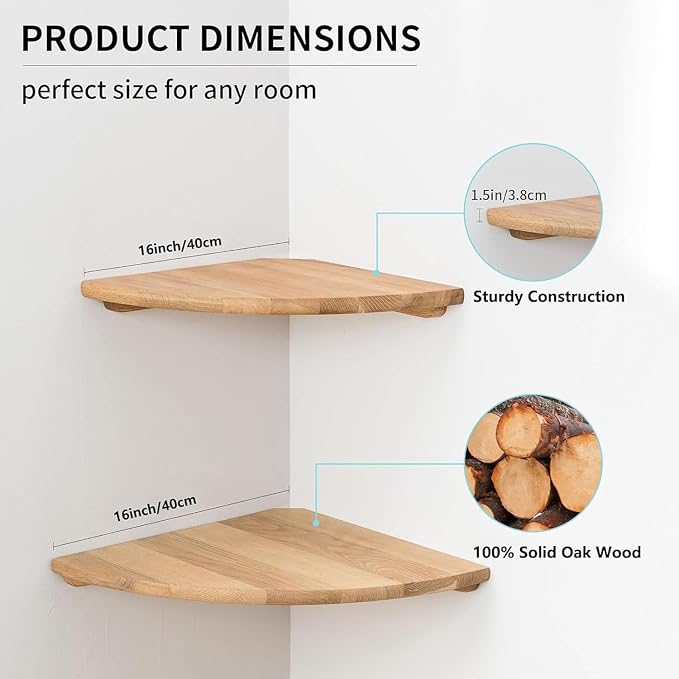 Corner Shelves, Floating Corner Shelf, Set of 2 16inch Solid Oak Wood Wall Shelves, Round End Wall Mount Display Shelf with Wire Hole for Bedroom Kitchen, Living Room (Oak, 16in 2P) - Image 6