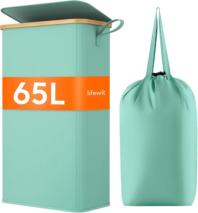 Lifewit 65L Slim Laundry Hamper with Lid, Narrow Laundry Basket with Removable Bag & Bamboo Handles, Fodable Thin Dirty Clothes Hamper for Laundry Collapsible Bin for Bathroom Bedroom Dorm, Sage Green by Lifewit