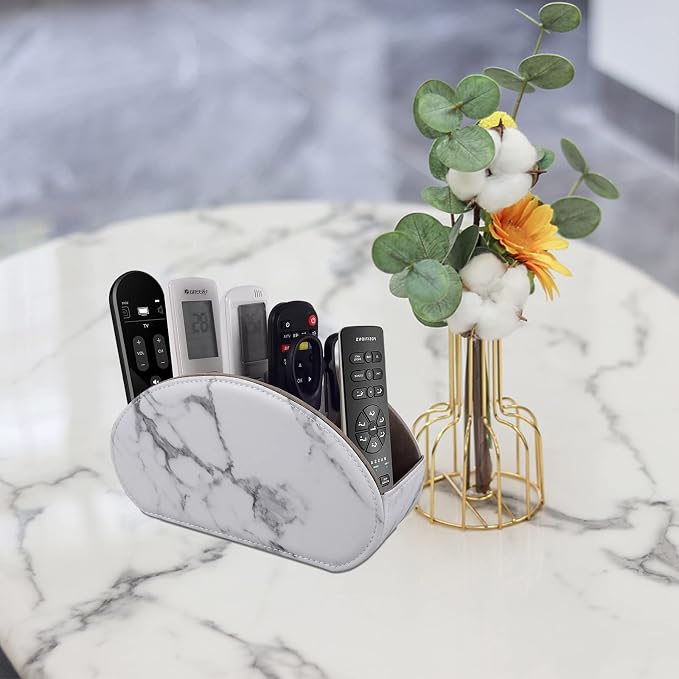 Leather Remote Control Holder with 5 Compartments TV Remote Caddy Store Box,Desktop Organizer for Controller, Glasses and Media Player,Pen Storage (White) - Image 3