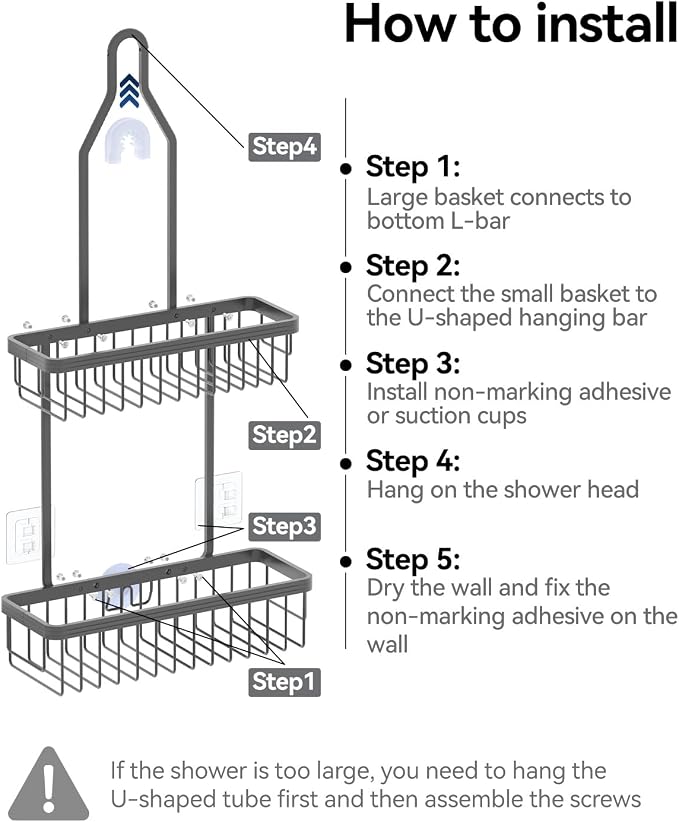YASONIC Shower Caddy Hanging, Never Rust Shower Organizer Hanging, Aluminum Shower Racks for Inside Shower with Hooks for Razor, Bathroom Organizers and Storage with Soap Holder, Grey - Image 8