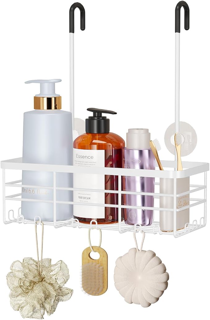 HapiRm Hanging Shower Caddy Organizer - No Drilling Shower Organizer with Hooks, Rustproof & Waterproof 304 Stainless Steel Bathroom Shelves - White (1 Basket) by HapiRm