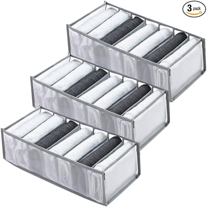 Wardrobe Clothes Organizer 7 Grids Portable Closet Organizer Mesh Separation Storage Box Foldable Closet Drawer Organizer for Underwear Socks Scarves Leggings (Grey, 3 Leggings Grid) by SANTUKEY