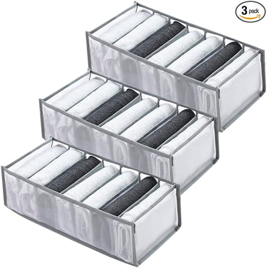 Wardrobe Clothes Organizer 7 Grids Portable Closet Organizer Mesh Separation Storage Box Foldable Closet Drawer Organizer for Underwear Socks Scarves Leggings (Grey, 3 Leggings Grid) by SANTUKEY