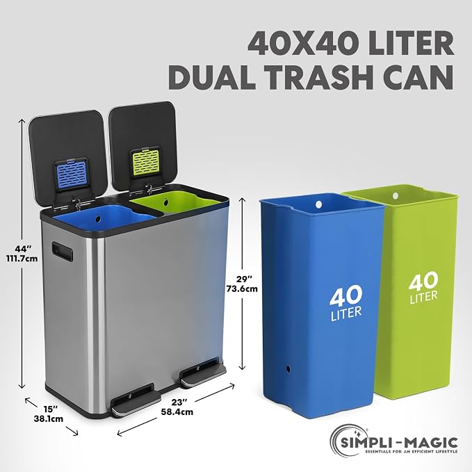 SIMPLI-Magic 21 Gallon (80L) Dual Compartment Kitchen Trash Can - Hands-Free Step Pedal, Soft-Close Lid, Stainless Steel Recycling Bin with Odor Filter (40L + 40L) - Image 3