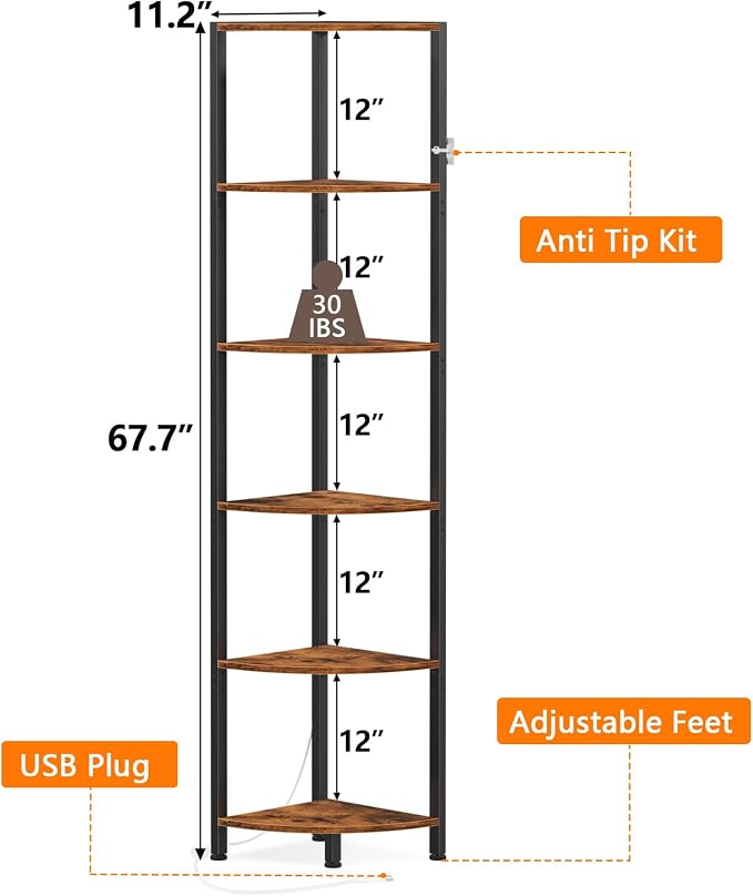 Furnulem 6 Tier Corner Shelf with LED Light, 67.5” Tall Standing Shelf Organizer, Narrow Bookshelf with Storage Rack for Wall Corner, Living Room, Bedroom, Metal Frame, Wood Display Shelf - Image 2