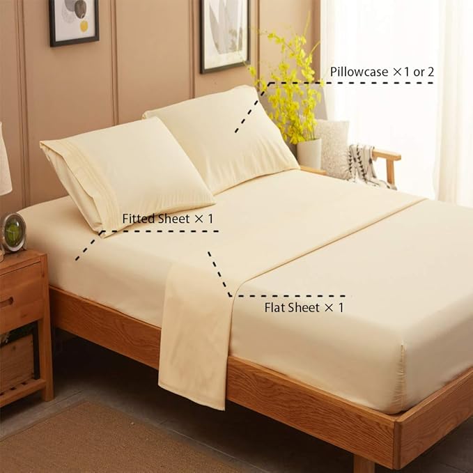 SONORO KATE Bed Sheet Set Super Soft Microfiber 1800 Thread Count Luxury Egyptian Sheets 18-Inch Deep Pocket Wrinkle and Hypoallergenic-4 Piece(Full Ivory)