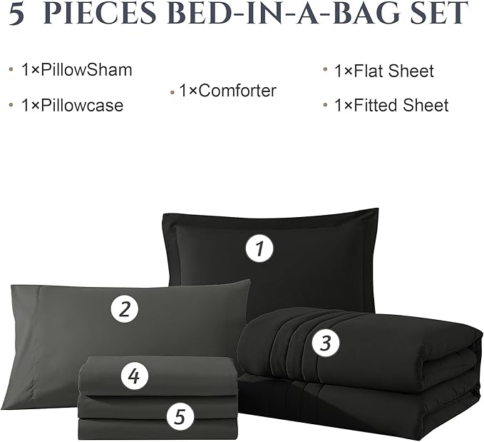 Monbix California King Size Comforter Set - 7 Pieces Bed in a Bag California King, Black Bedding Sets with Comforter, All Seasons Comforter Bed Set with Sheets, Pillowcases & Shams
