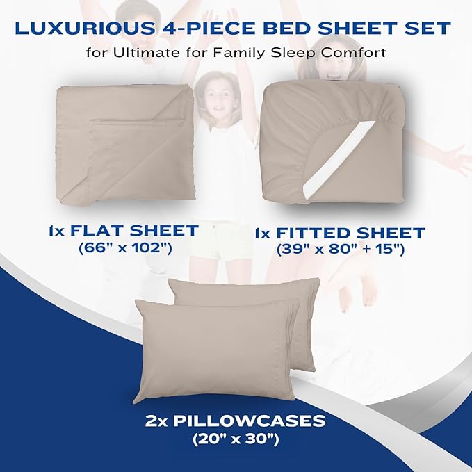 DREAMCARE Twin XL Sheet Sets - 4 pcs Breathable Cooling Bed Sheets - up to 15" Deep Pocket Twin XL Sheets Set with Side Pockets - Extra Soft 100% Brushed Hypoallergenic Hotel Luxury Bedding - Beige