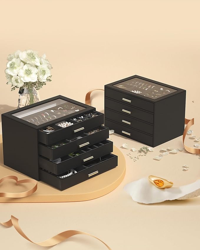 AKOZLIN Jewelry Box with Clear Lid Functional Leather Jewelry Storage Organizer Case 4 Drawers for Women Girls Necklace Ring Bracelet Earring - Image 7