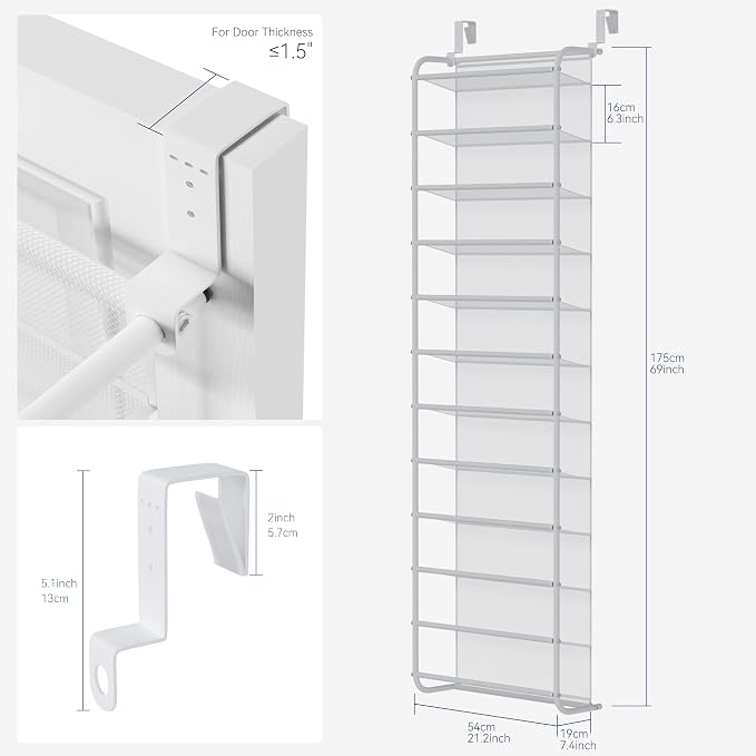 Whitmor 36 Pair Over The Door Shoe Organizer, 12 Tier Hanging Shoe Organizer, Heavy Duty Metal & Mesh Shoe Holder, Hanging Shoe Rack for Closet Organizer & Storage, 69"L x 21.7"W x 7.5"H, Matt White - Image 2