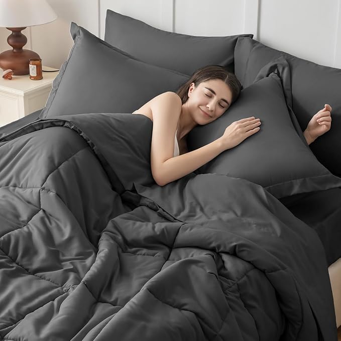 JOLLYVOGUE Twin Comforter Set, Ultra-Soft Bed in a Bag Twin Size 5 Pieces, Oeko-TEX Certified Bedding Set with Down Alternative Comforter, Sheets, Pillowcases & Shams, Dark Grey