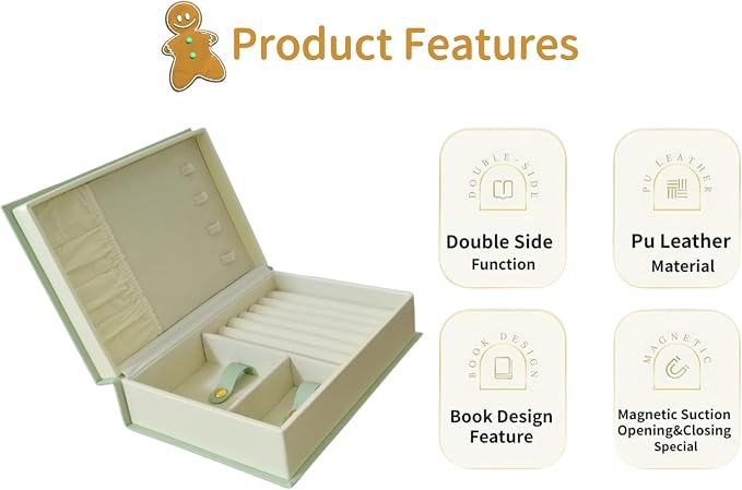 Book Jewelry Organizer Box with Magnetic Closure, PU Leather Double-Sided Jewelry Storage for Rings Necklaces Earring, Travle Jewelry Case Gift for Mom - Image 4