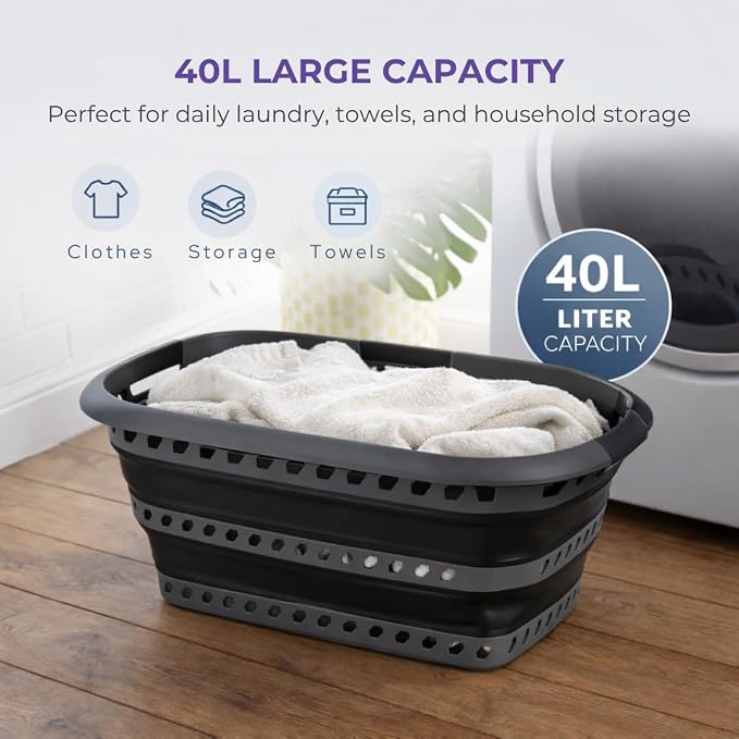 Laundry 360 Collapsible Laundry Basket 40L | Portable | Space Saver Storage | Hold 2 Loads | Store Under the Bed or Closet | Good for Kids | Dorm | Bedroom | Large | Grey/Black - Image 3