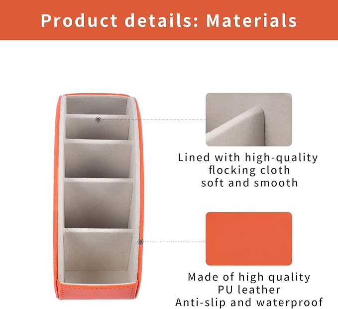 Remote Control Holder,TV Remote Caddy/Box with 5 Compartments,Bedside Table Organizer for Controller,Glasses,makeup brushes,jewelry and Media Player,Pen/Pencil Storage(Orange) - Image 7