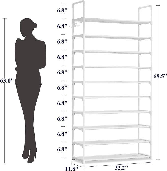 Kitsure Shoe Rack for Closet - 10-Tier Shoe Organizer with Hook Rack, Large-Capacity & Space-Saving Shoe Shelf for Entryway, Bedroom, Living Room,32.2" x 11.8" x 68.5", White - Image 2