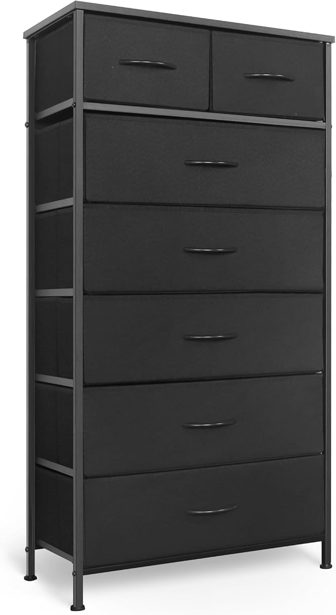 Mifuro Tall Dresser for Bedroom, Vertical Storage Organizer Tower with 7 Drawers, Chest of Drawers with Fabric Bins, Steel Frame, Wood Top for Bedroom, Closet, Entryway- Black by MifuroOfficeProduct