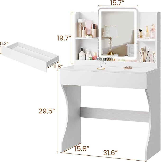 Driftalia Small Vanity Desk with Mirror and Lights, Makeup Vanity with Storage Drawer, 2 Shelves and 3 Compartments - White