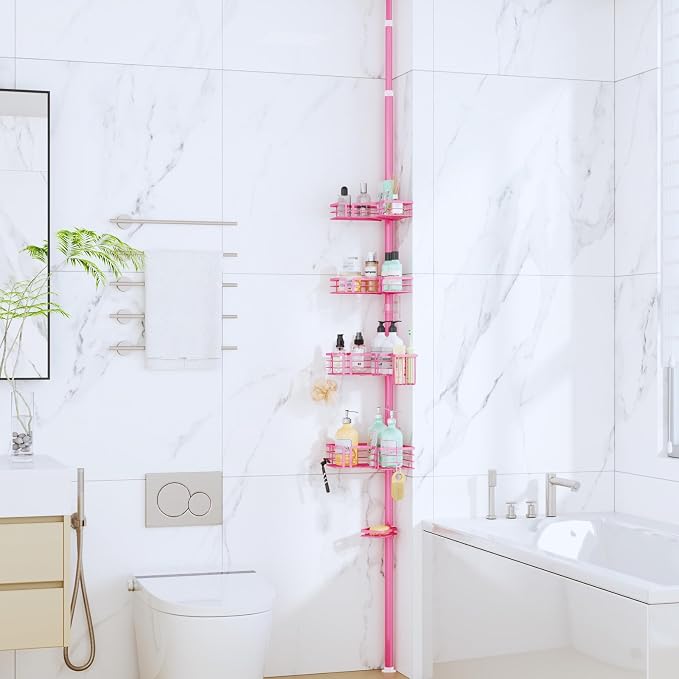 SWTYMIKI Shower Caddy Tension Pole - 4-Tier Corner Shower Organizer Tension Rod with Soap Holder, Toothbrush Holder & 4 Hooks, Adjustable Stainless Steel Bathroom Organizer 27.6 to 108.3 inch, Pink - Image 6