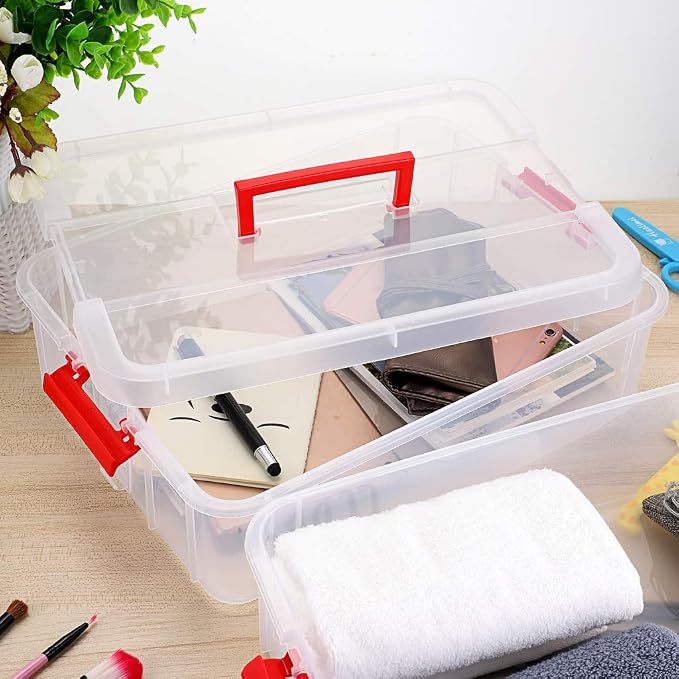 JUXYES 2-Tiers Stack Carry Storage Box With Handle, Transparent Stackable Storage Bin With Handle Lid Latching Storage Container for School & Office Supplies (Red) - Image 8