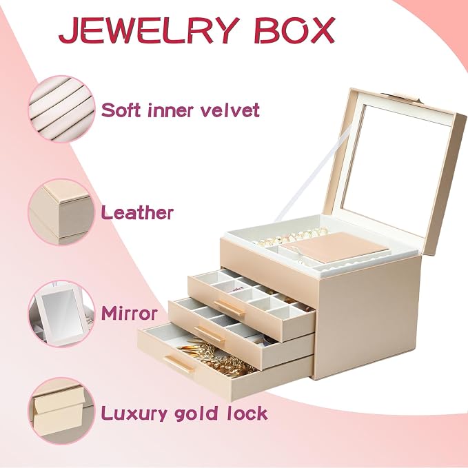 BOOVO Clear Lid Jewelry Box,4 Layers Jewelry Organizer Large Jewelry Storage Box with 3 Drawers,Jewelry Holder Organzier of Rings Earrings Necklace Bracelets for Women (Champagne, 4 Layer) - Image 4