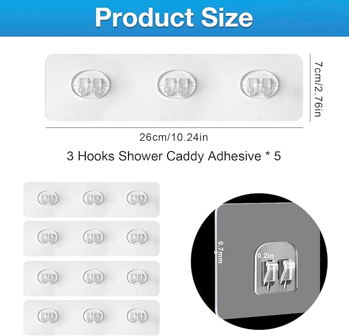 Upgraded Shower Caddy Adhesive Replacement,Strong Adhesive Hooks for Shower Caddy, Waterproof Shower Shelf Adhesive, Shower Adhesive Strips for Shower Organizer and Kitchen Racks (5 Pcs(Triple Hooks)) - Image 7