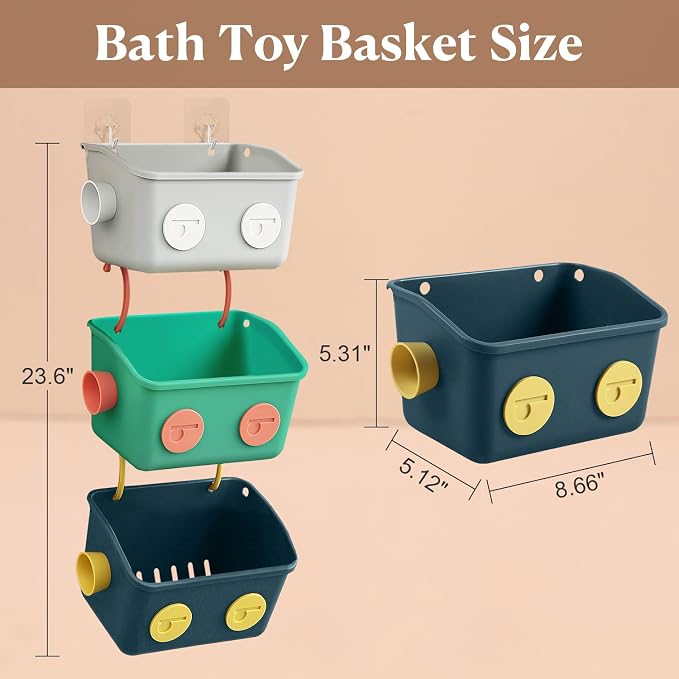 Bath Toy Storage Organizer Basket, 3 Pack Cute Robot Bathtub Shower Toy Organizer, Wall Mounted Hanging Bath Toy Holder with Hooks, for Tub Laundry - Image 2