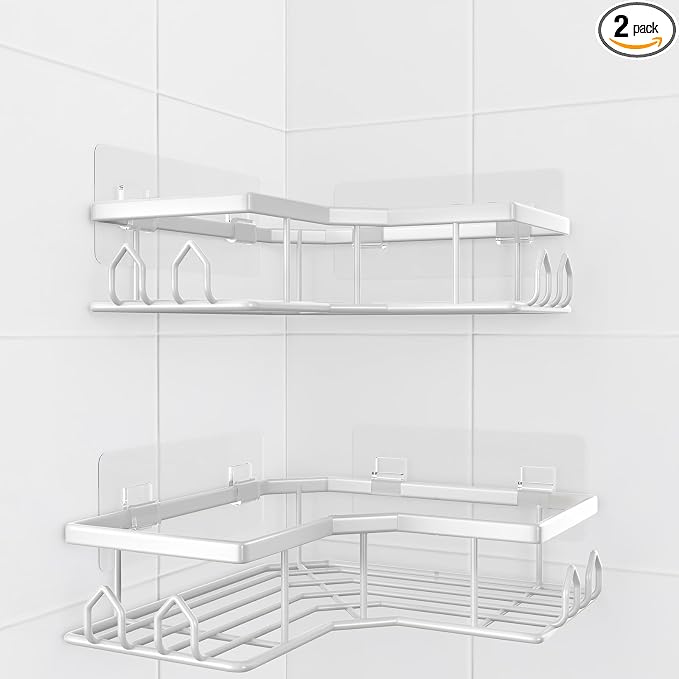 Adhesive Shower Caddy, 2 Pack Corner Bath Organizer, Rustproof Stainless Steel Shower Shelves with Large Capacity, No Drilling Shelves for Bathroom Storage, Home, Kitchen Décor (White). by Unknown
