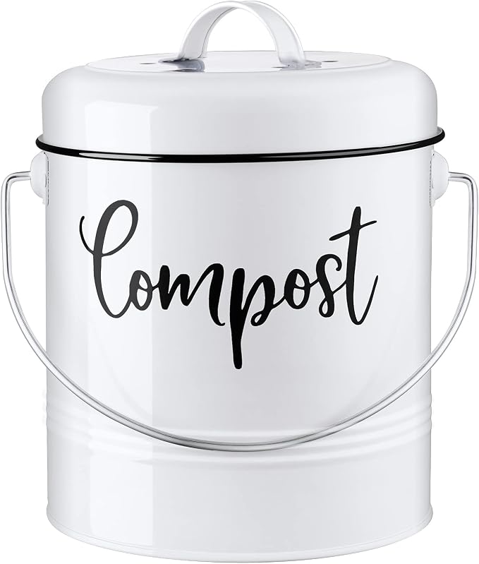 DAYYET Compost Bin Kitchen, 1.3 Gallon Farmhouse Kitchen Compost Bin Countertop, Indoor Countertop Compost Bucket with Lid and Charcoal Filters, White by DAYYET