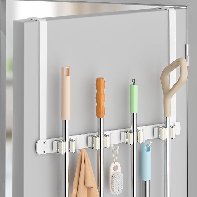 Broom Holder Over The Door - 304 Stainless Steel Mop and Broom Holder Wall Mounted or Hanging Over The Door with Hooks - Broom Hanger - white, Broom Storage Tool Organizer for Closet Laundry by PrimZootyDesign