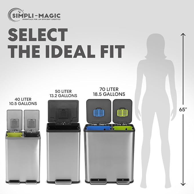 Simpli-Magic 18.5 Gallon (40L x 30L) Dual Compartment Step Trash Can – Kitchen Garbage Can with Waste & Recycling Bins – Slow-Close Lid, Odor Control, Hands-Free, Stainless Steel - Image 8