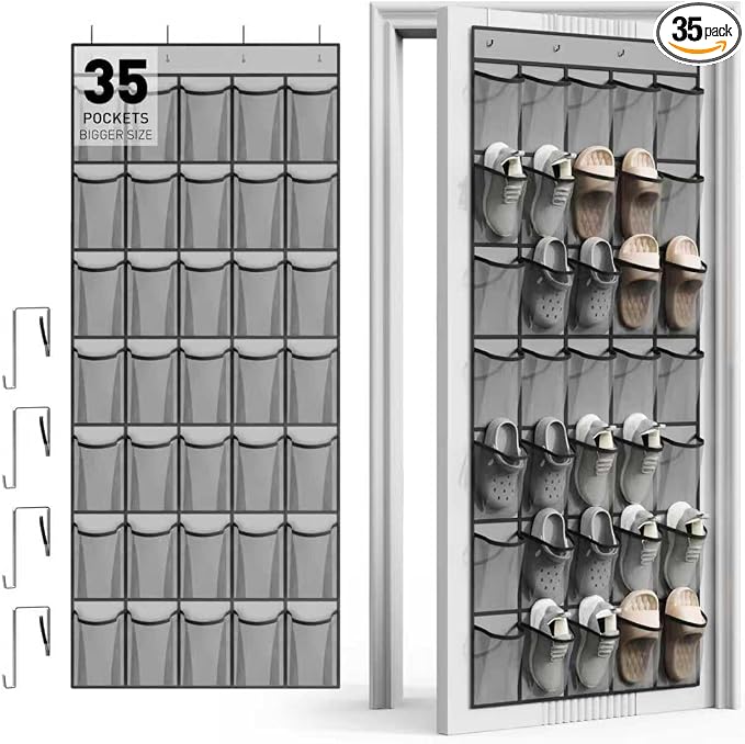 WVM Over the Door Shoe Organizer with 35 Breathable Mesh Pockets, Hanging Shoe Organizer for Door with 4 Metal Hooks, Large Capacity Closet Storage for Shoes, Accessories, Grey by WVM