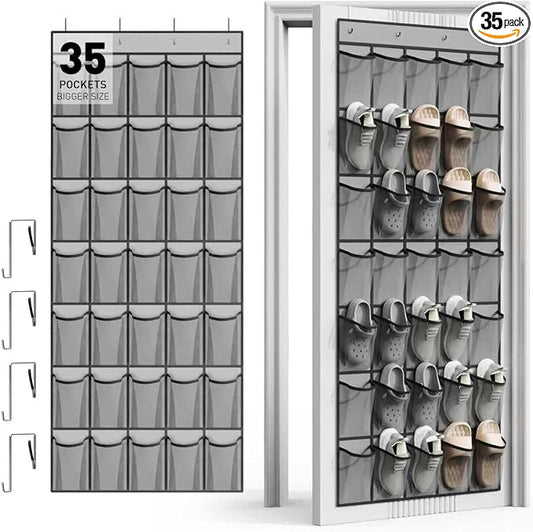WVM Over the Door Shoe Organizer with 35 Breathable Mesh Pockets, Hanging Shoe Organizer for Door with 4 Metal Hooks, Large Capacity Closet Storage for Shoes, Accessories, Grey by WVM
